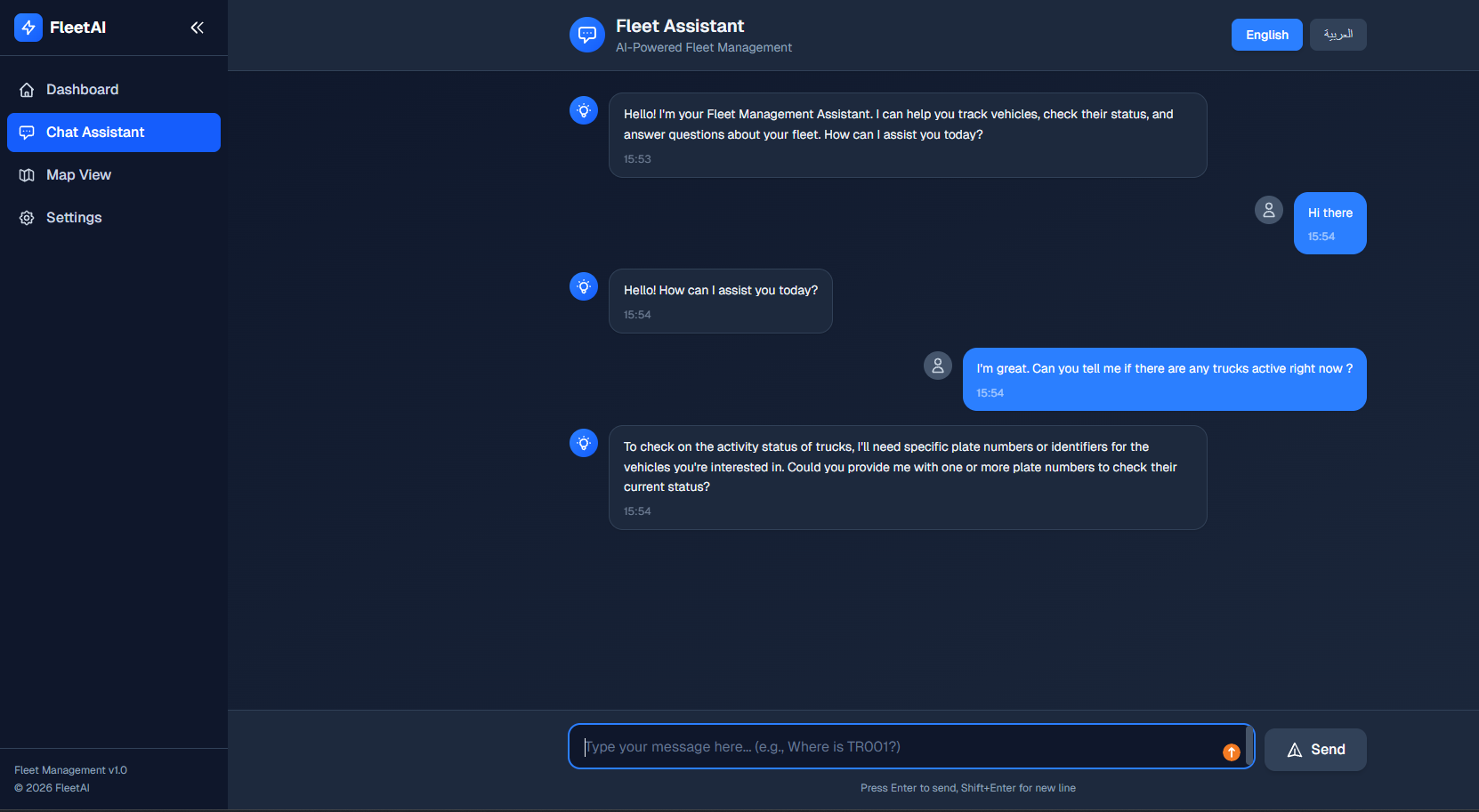 Fleet management AI assistant chat interface for a trucking and construction company