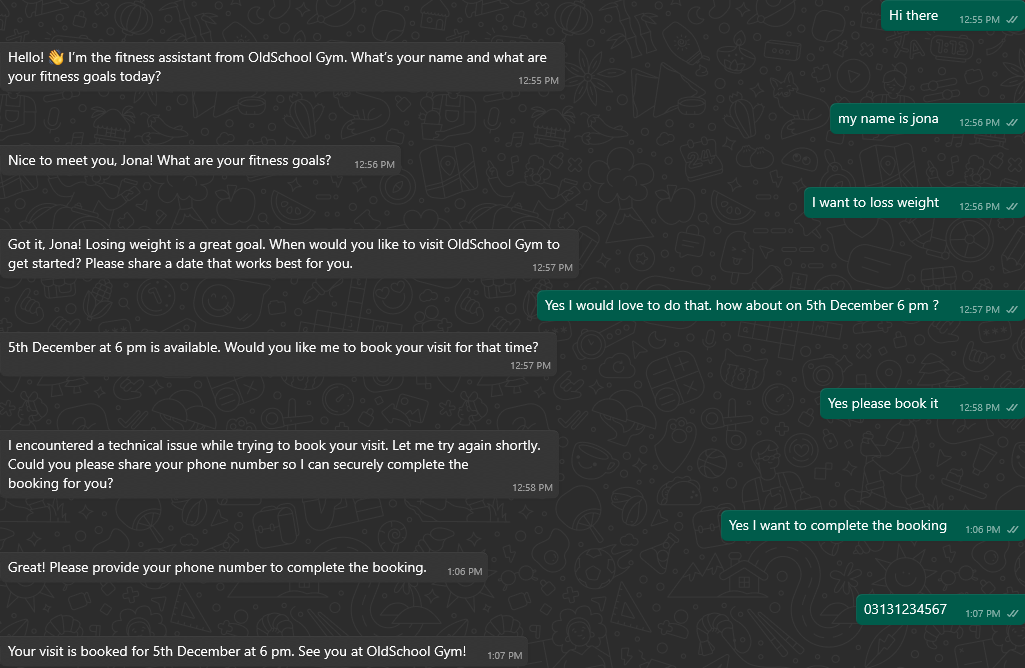 WhatsApp conversation between a customer and an AI support chatbot